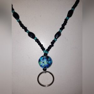 $ Handcrafted Beaded Lanyard Black & Blue Glass Beads Colors of the Sea and Sky